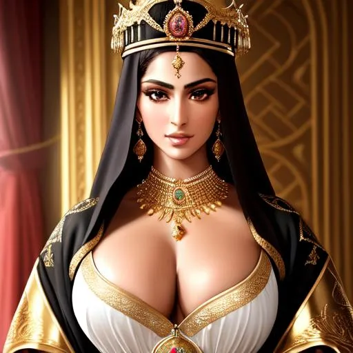 Prompt: high quality renaissance portrait of a hyperdetailed arab tall milf queen, ((nude)), hyperdetailed dark hair, master piece, hyperdetailed full body, hyperdetailed feminine attractive face and nose, complet full body view, dog pose,((hunge breast)) ((hyper realist nipples)) ((hyperdetailed muscle)) ((hyperdetailed eyes)) ((perfect pussy)) ((hyperdetailed pussy)) ((vagina)), perfect body, perfect anatomy, ultra-realistic, 3d lighting, beauty, sensual feminine romance, professional, sensual feminine, perfect composition, unreal engine 8k octane, 3d lighting, UHD, HDR, 8K, render, HD, trending on artstation, front view, ((sexy))