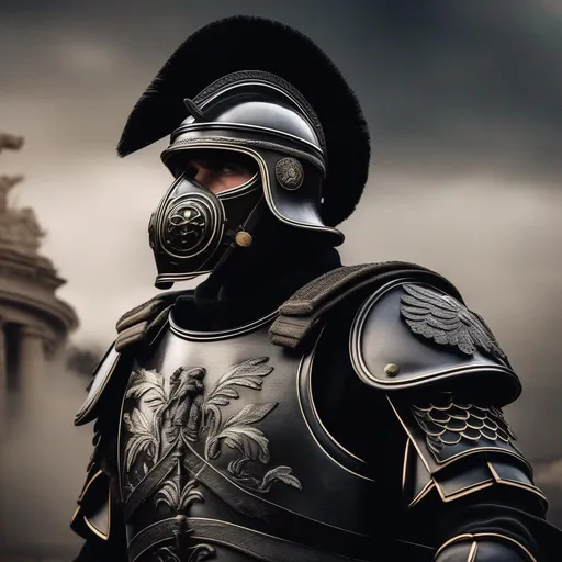 Prompt: A modern roman military male in black military armor galea helmet of roman armor, and gas mask, background war battle, Hyperrealistic, sharp focus, Professional, UHD, HDR, 8K, Render, electronic, dramatic, vivid, pressure, stress, nervous vibe, loud, tension, traumatic, dark, cataclysmic, violent, fighting, Epic