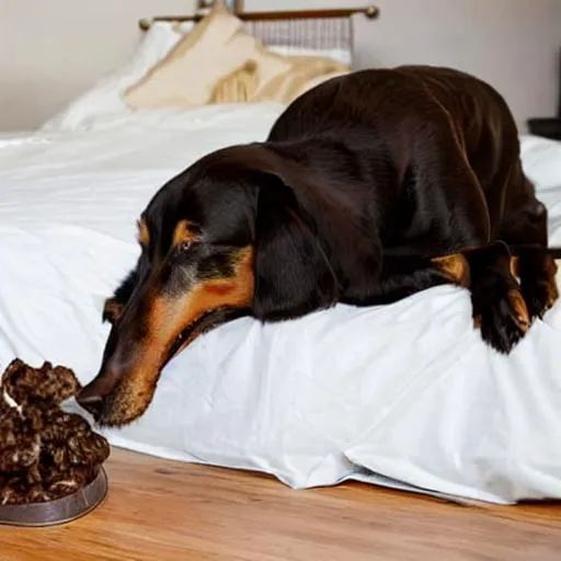 Prompt: A dog going poop on a bed