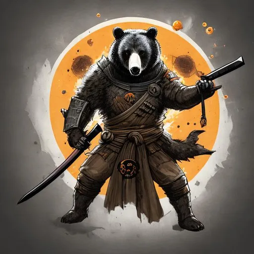 Prompt: a bear wielding a katana made of dragon metal and black hole with an insignia of a black cat head