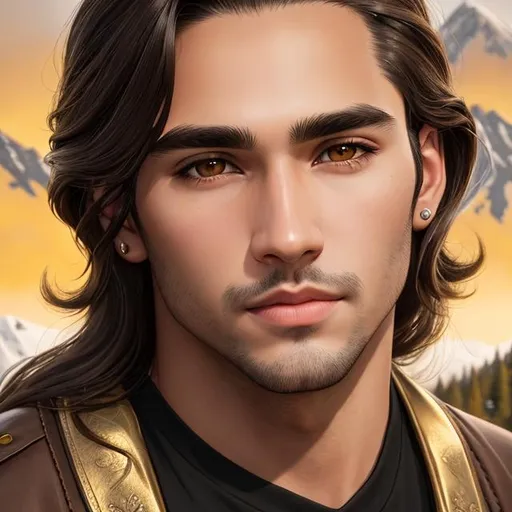 Prompt: man, brown middle part hair, medium long hair, brown eyes, thick black eyebrows, juicy lips, beautiful nose, oval face, golden earring left side ear, mountain background, detailed face portrait, realism, 4k, HD