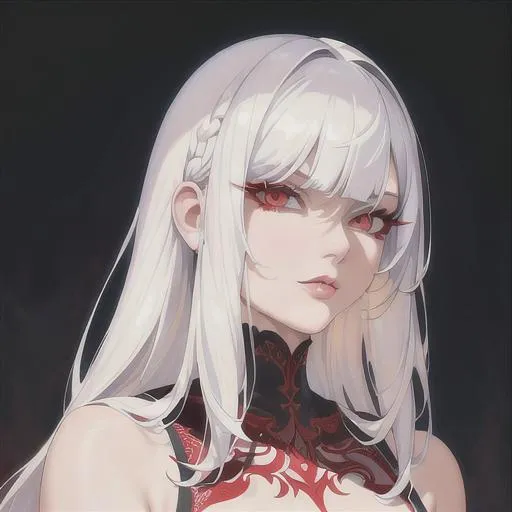 Prompt: (masterpiece, illustration, best quality:1.2), wolfcut hairstyle, white hair, devilish eyes, wearing thin red nightgown, best quality face, best quality, best quality skin, best quality eyes, best quality lips, ultra-detailed eyes, ultra-detailed hair, ultra-detailed, illustration, colorful, soft glow, 1 girl