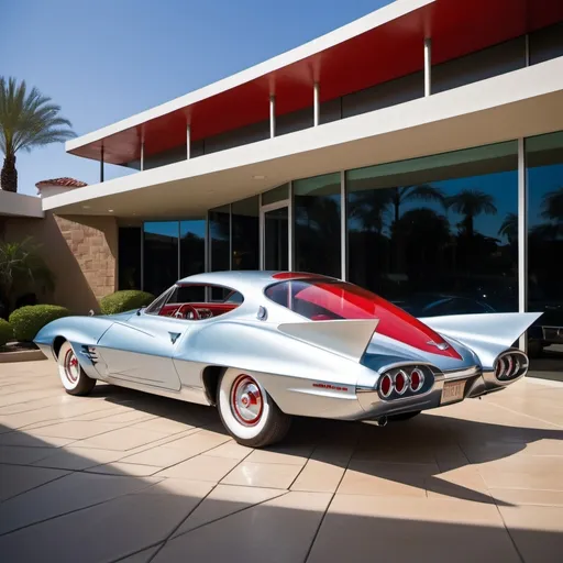 Prompt: retro-futuristic turbine powered car, Chevy Firehawk, 1960s, silver red & blue metallic, two-door, bubble canopy, tail fins, whitewall tires, parked under the porte cochere of a fancy high-end club, daylight, high-res, professional photo, retro-futuristic, metallic sheen, vintage design, luxury club, classic car, detailed reflections, sleek lines, upscale, daylight, vibrant colors, colorful landscaping, paver driveway