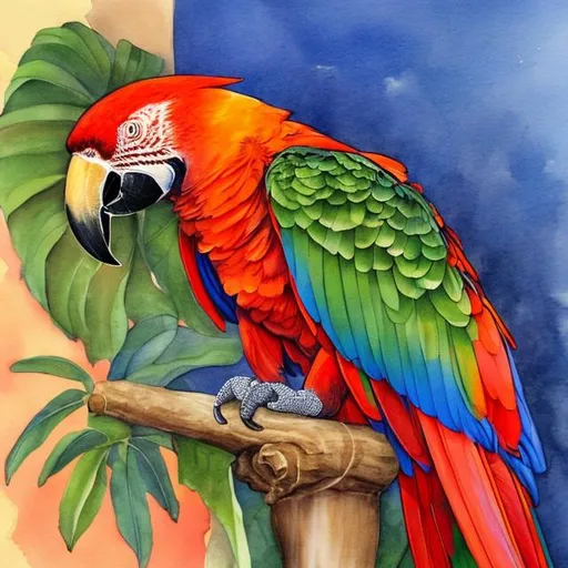 Prompt: A Scarlet macaw, sitting on a bird perch in a bedroom, realistic style 