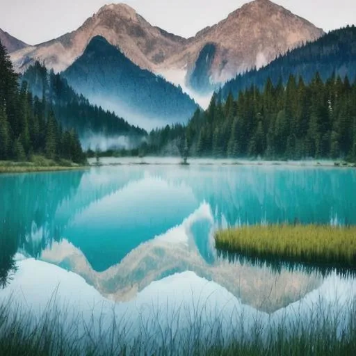 Prompt: A blue lake surrounded by rippling grass with misty mountains in the distance.