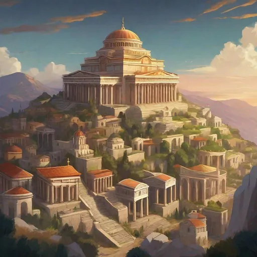 Prompt: a fantasy classical crowded. Greek capital city. On a hill. Massive temple on the summit.
Rpg art. 2d art. 2d 
