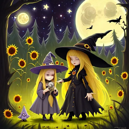 Prompt: witch with long blonde hair, wearing witch hat, with a small creature, cute, sunflower, aesthetic, fairycore, disney, pixar, moon, stars, white dog, witchcraft, in a starry dark sky, beautiful, walking in a forest, sweet, dreamy, rpg, sci-fi, award winning illustration, artstation, highres, tim burton, storybook style, large eyes, tarot card style