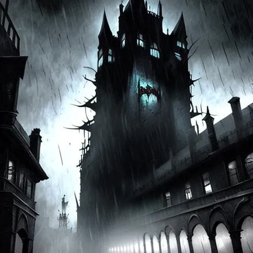 Prompt: arkhem knight, arkham asylum, dark night, fog, blood, highly detailed,  realistic 