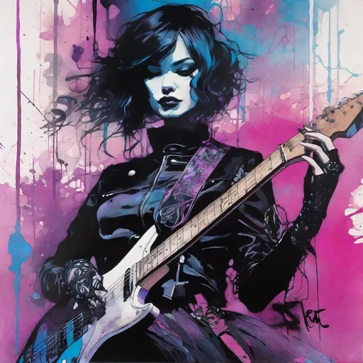 Prompt: Portrait of an gothic beautiful guitarist girl playing an electric guitar art by  Adam Hughes, Rene Gruau, Conrad Roset, john blanche, kent morkman, Minjae Lee, Benedick Bana, William burroughs, calligraphy smoke inking, dripping metallic crossed black, Pink, purple blue and metallic silver paint, Intricate portrait of ornate gothloli in ragged punk fashion, futuristic tattered rags, stylized fantasy art by wlop, artgerm, peter mohrbacher, bloodborne concept art, kentaro miura, kevin oneill, frazetta, trending on artstation, Masaaki asamoto beksinski frank miller lee bermejo Marc Simonetti egon schiele Joaquín Sorolla Simon Stalenhagmat brown  Matti Suuronen Jeffrey Larson druillet Tom Thomson Ross Tran James Turrell Van Gogh frazetta Rembrandt Louis Wain