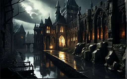 Prompt: Warhammer RPG style castle, at night, by canal with reflection in water, eerie atmosphere, raining, detailed gothic architecture, moody and atmospheric lighting, high quality, realistic, dark and gloomy, stormy weather, medieval fantasy, detailed stone textures, dramatic shadows, foreboding setting, ominous atmosphere, detailed rain effects, gothic, sinister, atmospheric lighting