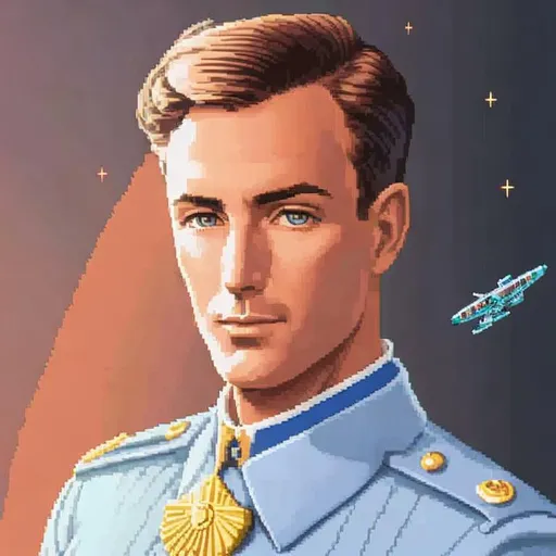 Prompt: retro digital pixelart portrait of a smartly dressed veteran space wing commander pilot in a blue army officer uniform for DOS SNES with dithering shading 16-bit colour depth masks raster