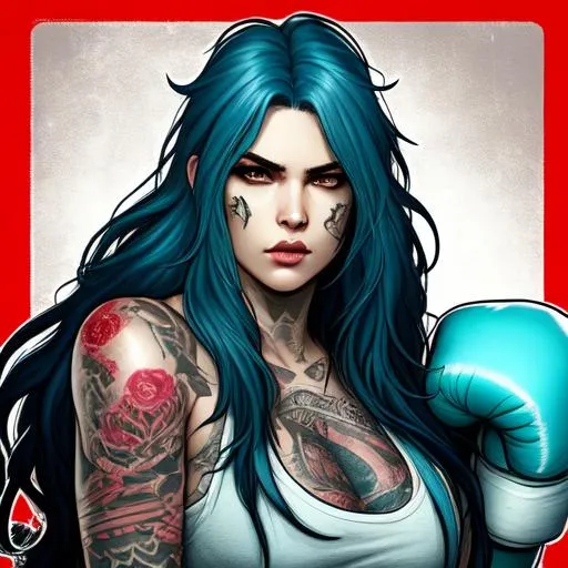Prompt: Heavyweight grungy woman fighter with fists, long wavy blue hair, browneyes, tattoos, round face, pout, bloody