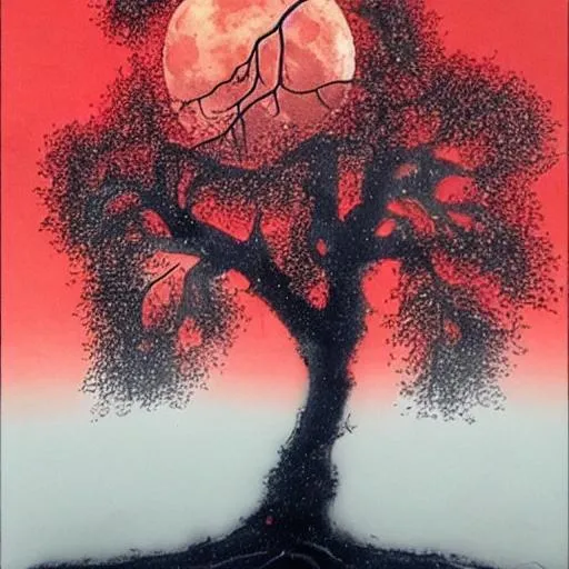 Prompt: red moon and tree 
