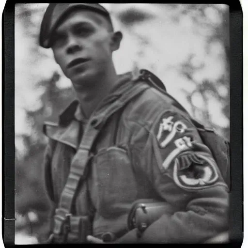 Prompt: polaroid, WWII soldier on ground, photography, black and white, 4k
