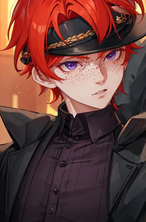 Prompt: Erikku male (short ginger hair, freckles, right eye blue left eye purple) UHD, 8K, Highly detailed, insane detail, best quality, high quality. As the godfather, mafia