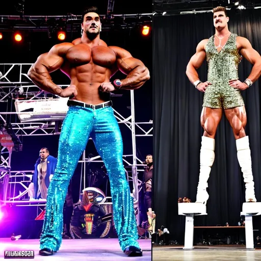 Prompt: 30 foot tall bodybuilder vs 7-foot-tall runway model, cars, planes, giants, Mambo, sequin, ripped clothes, super muscular 