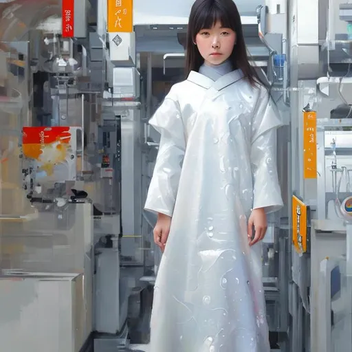 Prompt: Japanese girl with White futuristic  dress realistic oil paint 