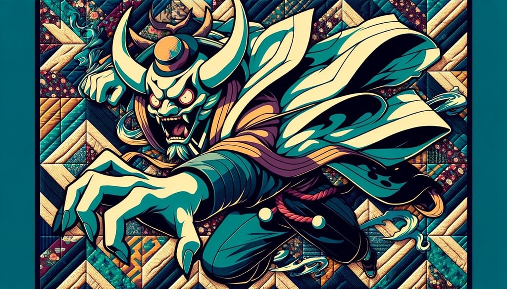 Prompt: Action-packed portrayal of a character with a horned hat, blending the worlds of 2D game art and yokai illustrations. The scene is drenched in a fauvist-inspired color scheme, prominently dark cyan and gold, set against a backdrop of bold quilt patterns.