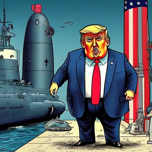 Prompt: Cute, obese Spy Trump in front of a nuclear submarine in drydock, and a microphone, dark-blue suit, too long red tie to the floor, u-boat scene, muted gloomy colored, Sergio Aragonés MAD Magazine cartoon style