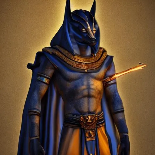 Prompt: Anubis, in a cloak, ready for battle, 
gloved hands, straight arms ultra HD, holding a fire lit staff, hieroglyphics, ultra crisp, 16k, unreal engine 5, sharp definition, mystical feel, insanely epic, mythology, gods, amazing quality 