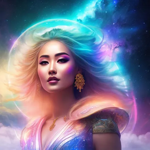 Prompt: create photograph of beautiful female goddess who is wearing bright futuristic robes,  night time and beautiful sky  space and planets an nebulae in sky highly detailed, detailed face, extremely detailed environment, extremely detailed background, extremely detailed skin, extremely detailed clothing, natural colors , professionally color graded, photorealism, 8k, realistic, moody lighting, galactic environment, volumetric lighting