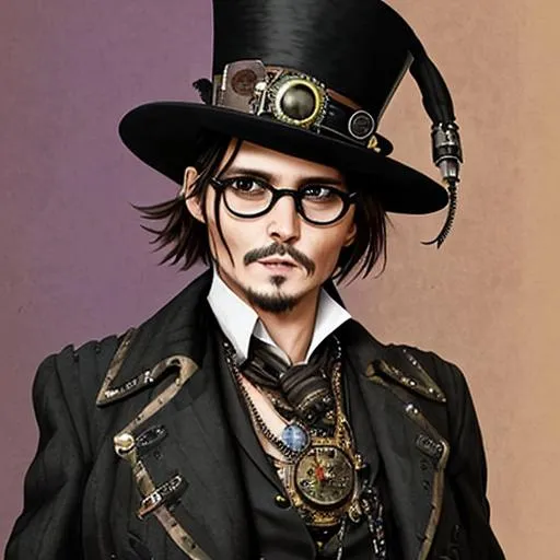 Prompt: Johnny Depp as a steampunk man dressed in black, tophat