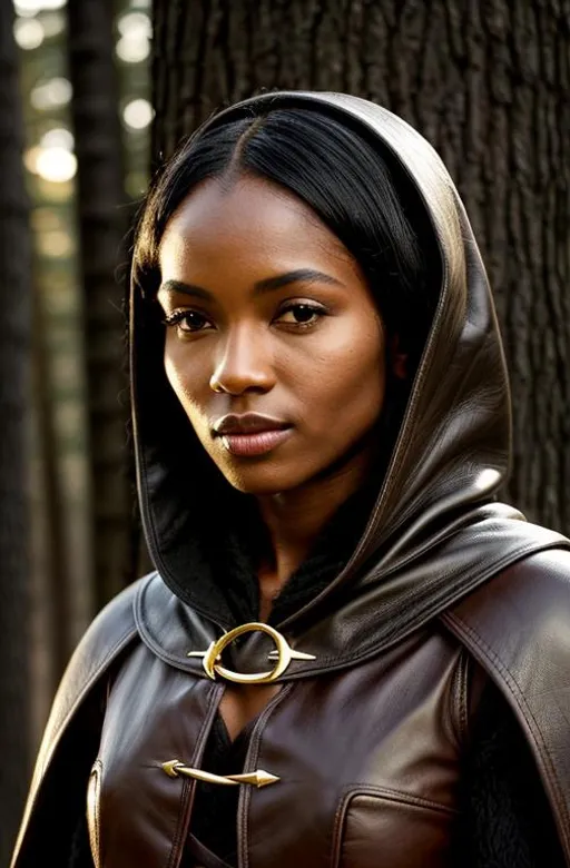 Prompt: a woman with a slim face, with deep ebony skin, a small nose, a flat chest, small elf ears, slightly pregnant, very short hair, white hair, magic eyes, wearing a leather gambeson with a wool cloak, white eyes, sunset, golden hour, dark woods, golden sun, fantasy, fantasy aesthetic, Tolkein, lord of the rings, beautiful, smiling, fully clothed, happy, blushing, cozy, moody, cute looking, masterpiece, nature, masterpiece, hd quality, 8k, detailed, high quality, high resolution