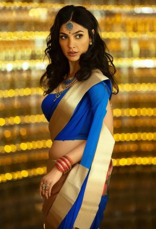 Prompt: in Classy, sensuous and versatile saree like indian wonder women blue saree red blouse in gold jewelry in neck, The maangtika, Nath, Bajuband and Vanki, The nose ring, called a Nath, Kamarbandh, Jhumkas and Balis.
Mangalsutra and Thaali, Kangan