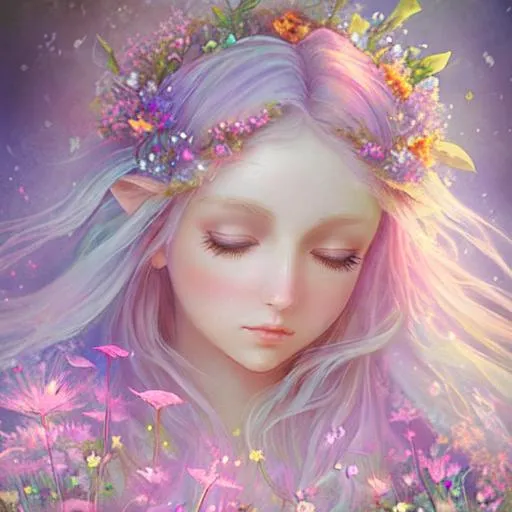 Prompt: fairy goddess of wildflowers ethereal,dreamscape, pastel colors, closeup