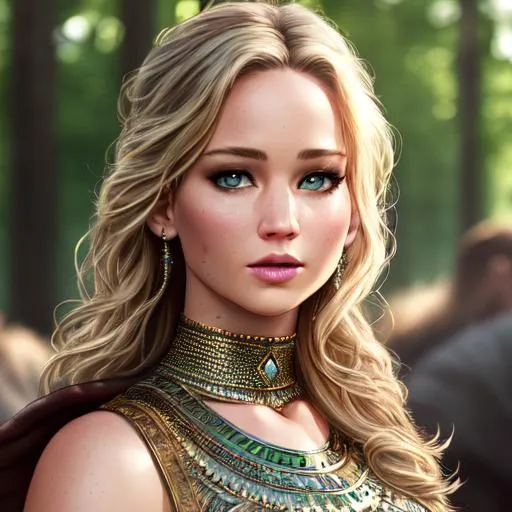 Prompt: UHD, 8k, high quality, ultra quality, cinematic lighting, special effects, hyper realism, hyper realistic, Very detailed, high detailed face, high detailed eyes, green eyes, full view, zoom out, viking, Valkyrie, jennifer lawrence