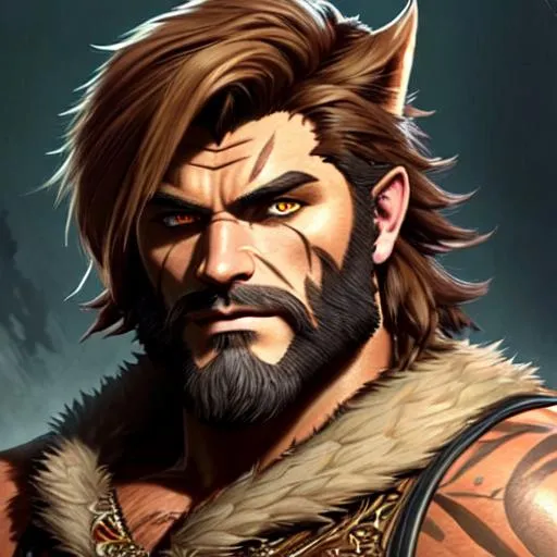 Prompt: Lycan, humanoid hybrid, mountain lion, dungeons and dragons shifter, werecat, flat nose, female ugly muscular barbarian, sideburns, hairy, short brown hair, dirty, fantasy art, illustration, dark fantasy, epic, fantasy, intricate, hyper-detailed, scary, highly detailed facial features, highly detailed body, chiseled features, artstation, concept art, smooth, sharp focus, ray tracing, vibrant, photorealistic