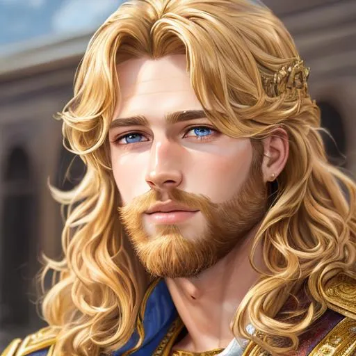 Prompt: Long-shot hyper realistic oil painting, Hudson, 8k, of a ruggedly handsome,20 year old prince,  strong musculatute, golden crown, a short blonde wavy hair, short scruffy beard, very detailed eyes, centered in frame, intricate details, very detailed eyes, correct perspective, natural light