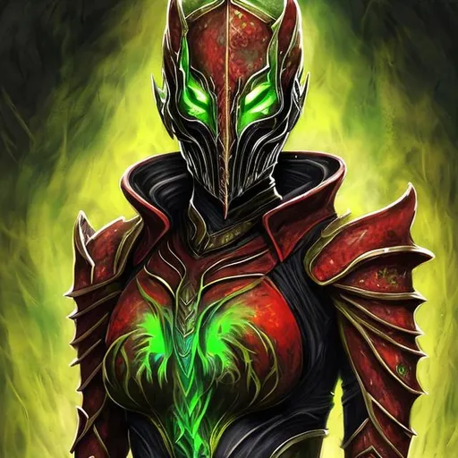 Prompt: 
female daedric dremora,  30 year red armor, green fire background, portrait elder scrolls art