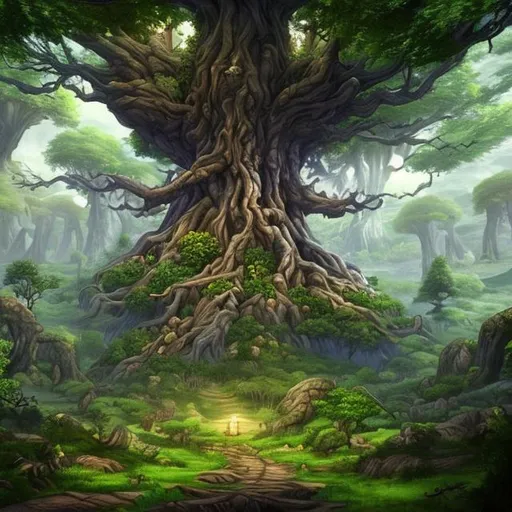 Prompt: Fantasy forest with big tree, world tree, 