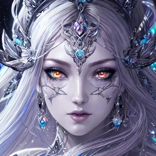 Prompt: Beautiful Nyx, goddess of night covered in nightly glow with detailed silver features in the moon with illuminating moonshine, beams; by anna dittmann, floradriel, digital painting, extreme detail, 120k, ultra hd, hyper detailed, white, wlop, digital painting; crystal body, Anime Character, Detailed, Vibrant, Anime Face, Sharp Focus, Character Design, Wlop, Artgerm, Kuvshinov, Character Design, Unreal Engine, Vintage Photography, Beautiful, Tumblr Aesthetic, Retro Vintage Style, Hd Photography, Hyperrealism, Beautiful Watercolor Painting, Realistic, Detailed, Painting By Olga Shvartsur, Svetlana Novikova, Fine Art, Soft Watercolor