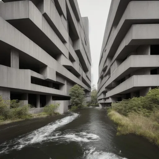 Prompt: a building with a river running through it, brutalist architecture