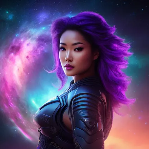 Prompt: create photograph of beautiful female space agent who is wearing bright purple futuristic ninja robes,  night time and beautiful sky  space and planets an nebulae in sky highly detailed, detailed face, extremely detailed environment, extremely detailed background, extremely detailed skin, extremely detailed clothing, natural colors , professionally color graded, photorealism, 8k, realistic, moody lighting, galactic environment, volumetric lighting