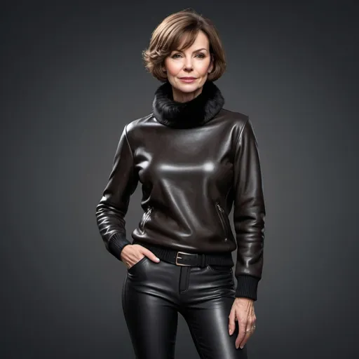 Prompt: photorealistic image of a slim european mature lady with brown hair and bobcut, waring a tight black heavy leather pullover with a furry collar and a black leather pants