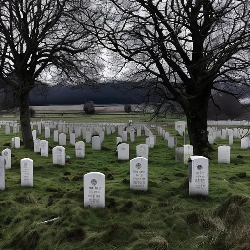 Prompt: It was cold wed grey afternoon almost evening, a boy is alone in churchyard seeing his father mother and five brothers Graves. Dark flat fields with streams running between them. very beyond Cows eating grass. a cold wind was blowing in from the sea