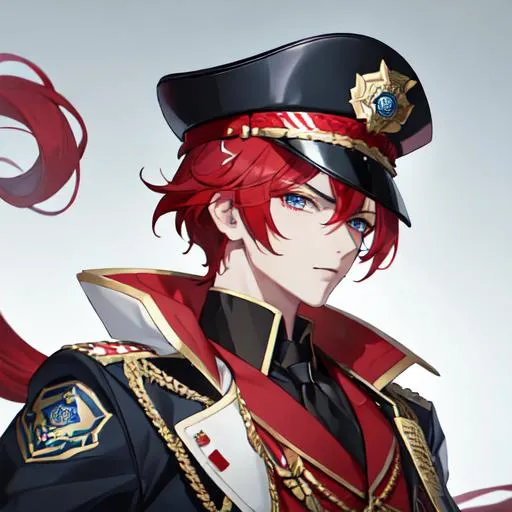 Prompt: Zerif 1male as a male police officer (Red side-swept hair covering his right eye)UHD, 8K, Highly detailed, insane detail, best quality, high quality, wearing a blue male police uniform, anime style, tilting his hat