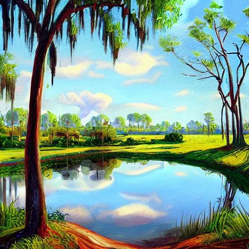 Prompt: A cartoon style florida landscape with a old pond in the style of Peder Mork Monsted