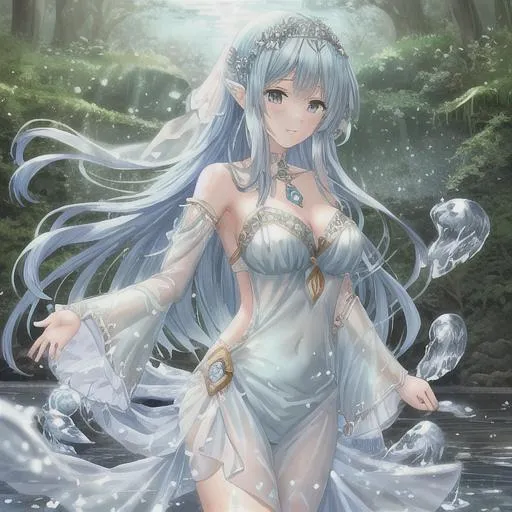 Prompt: {{{{Aria, the Nature Water Mage}}}} - Create an enchanting digital artwork featuring Aria, a young and spirited water mage who draws her magical powers from the forces of nature. Design her with a graceful and flowing appearance, reflecting her connection to water and the natural world.

Her (azure blue hair) should cascade elegantly, mimicking the gentle movement of water, and her (aquamarine eyes) should shimmer with a hint of magic and wisdom.

Dress Aria in a nature-inspired outfit that incorporates (leaf motifs) and (subtle water droplet patterns), symbolizing her affinity with the elements. Add (flowing ribbons) to her attire to evoke the movement of water.

Surround her with a serene and mystical environment, with (lush greenery) and (waterfalls) that complement her water-themed powers.

Aria's pose should convey a sense of harmony with nature, as she gracefully manipulates water using her magical abilities. Emphasize her confidence and gentleness as she interacts with the natural world.

Use a (soft and soothing color palette) to create a tranquil atmosphere, and employ (lifelike textures brush strokes) to add depth and realism to the artwork.

Aim for {{hyperrealistic intricate art}}, ensuring that every detail, from her intricate attire to the mesmerizing water effects, is carefully crafted to bring this mystical water mage to life.

Present the final artwork in (perfect 4k resolution) to showcase the enchanting beauty of Aria and the magical world she inhabits.