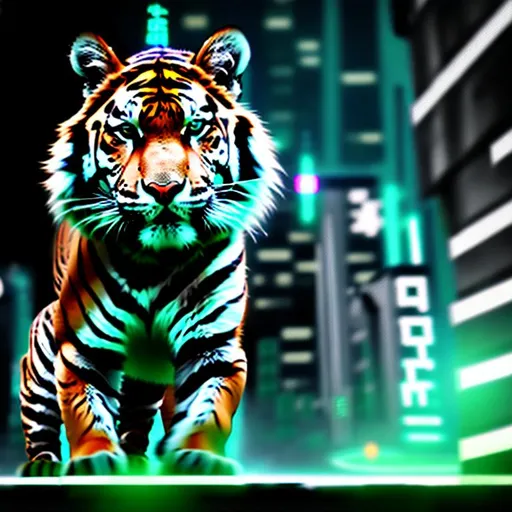 Prompt: tiger in cyber punk style , 4k , ultra realistic , wild , animal , cyber punk , animal
