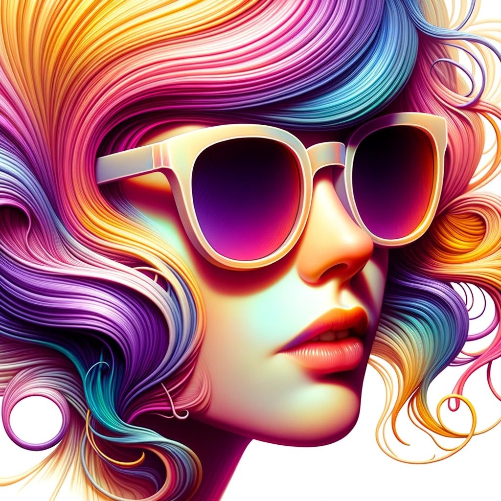 Prompt: a face with colorful hair, sunglasses and sunglasses, in the style of retrowave, painterly quality, digitally enhanced, playful innocence, daz3d, light purple and amber