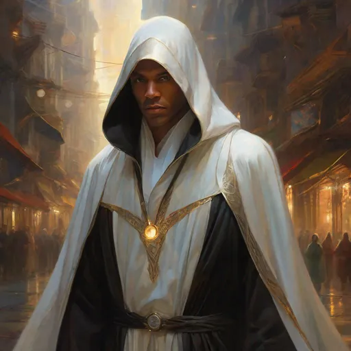 Prompt: Three-quarters portrait, holy lowly priest dressed in white robes, deep hood, hooded, dark energy, face not visible, dark energy under cloak, evil energy, static, swirling black magic, fantasy, highly detailed, digital painting, steampunk city, in the streets, big crowd, art by Stanley Lau and Artgerm and magali villeneuve and Alphonse Mucha, artstation, octane render, cgsociety, HDR, UHD, 64k, best quality, best quality, masterpiece:1.5)


