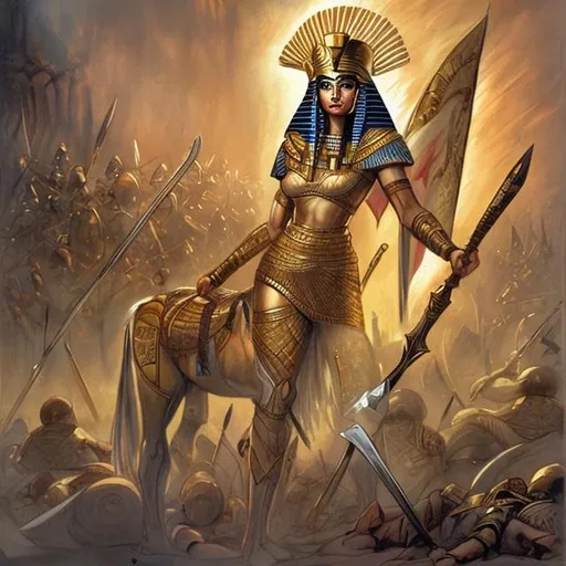 Prompt: Draw a beautiful picture of an Egyptian warrior Queen. in a battle with the enemies of Egypt. the queen caught her sward and made a very great victory in this war 
