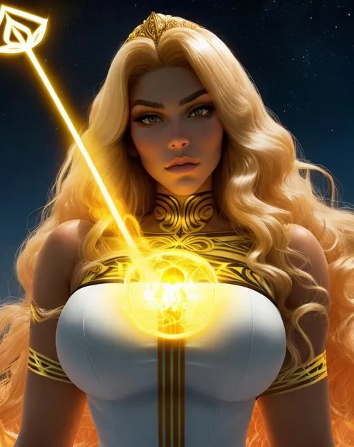 Prompt: A beautiful 25 ft tall 28 year old evil ((Latina)) light elemental queen giantess with light brown skin and a beautiful face. She has a strong body. She has long curly yellow hair and yellow eyebrows. She wears a beautiful white dress with gold. She has brightly glowing yellow eyes and white pupils. She wears a gold tiara. She has a yellow aura around her. She is standing in a dark golden throne room looking at you with glowing yellow eyes. Scenic view. Portrait art. {{{{high quality art}}}} ((goddess)). Illustration. Concept art. Symmetrical face. Digital. Perfectly drawn. A cool background. Five fingers. Front view 