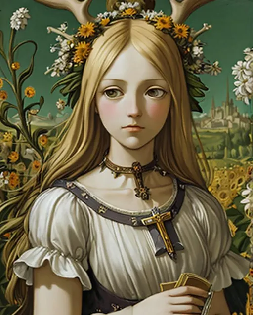 Prompt: Blond girl with flowers ( lily of the valley, hyacinths, sunflowers and daisy’s)in her hair, antlers on her head, crucifix around her neck, wearing a white dress, holding a bible, flora growing all around her, in the art style of Artemisia Gentileschi, Sandro Botticelli and Titian, a church in the background 
