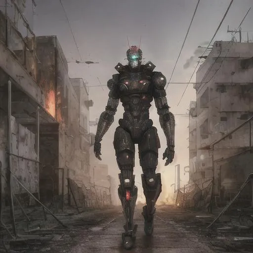 Prompt: Cyberpunk warrior robot walking through wireframe and fire in a abandoned war zone town protecting people