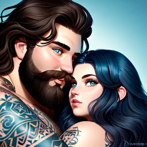 Prompt: fantasy illustration ((heavyweight man and heavyweight woman couple)), (((long dark brown wavy hair for man))), (((long blue wavy hair for woman))), (((woman's eyes are brown))), (((man's eyes are green))), (((woman has pale skin and round face))), {man has round face and scruffy beard}, tattoos, surreal, Disney, pixar, (((rainbow))), (((cosmos))), space, bubbles, illustration, (((neon))), high detail, intricate, artgerm, james jean, Rutkowski, and other illustrators, intricate details, face, full body portrait, headshot, illustration, UHD, 4K